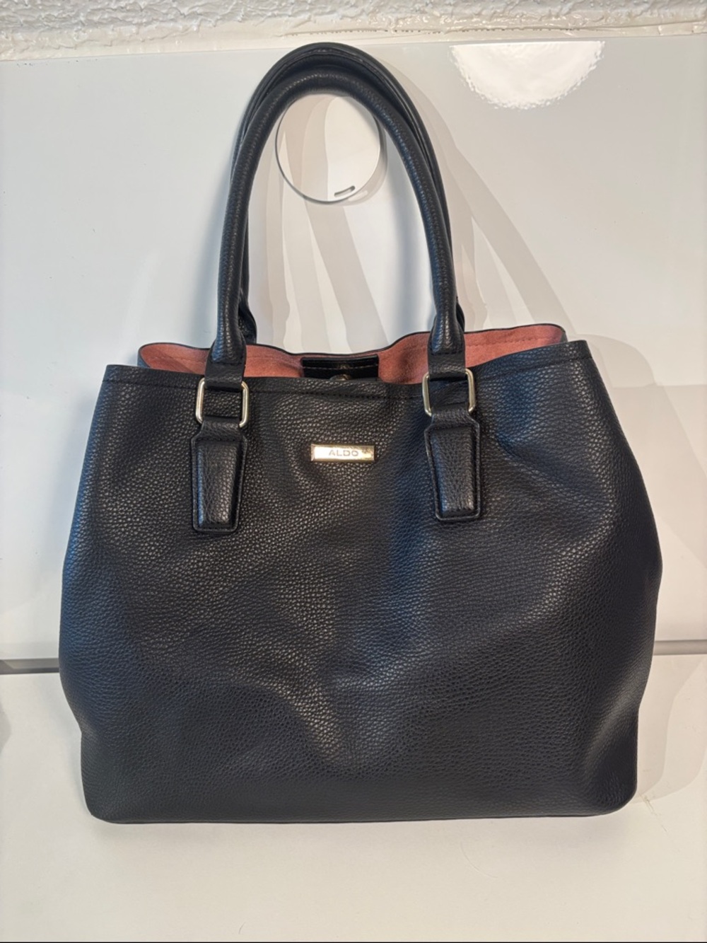 Aldo Black Pebbled Tote with Pink Interior Trim